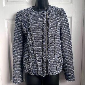 Michael Kors Tweed Jacket Blue Zip Women Small pattern fringe business feminine